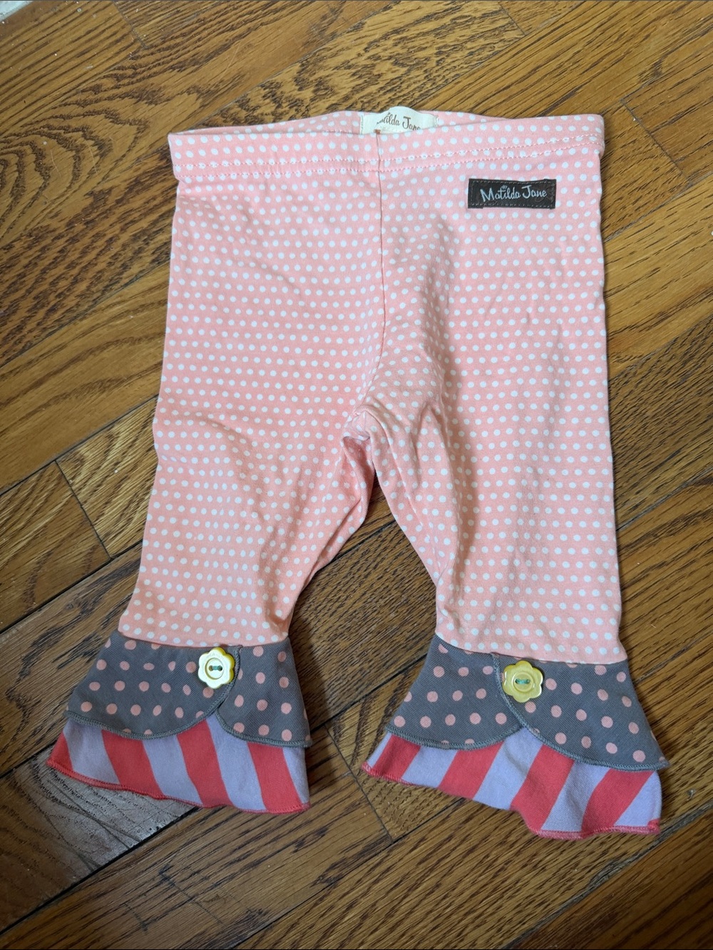 Matilda Jane Peach Polka Dot Ruffle Pants with Coral Stripe Trim